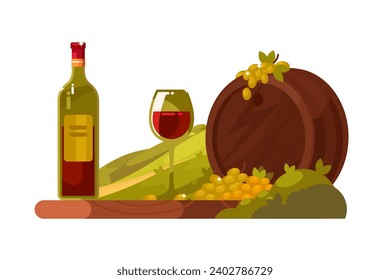 Wine Bottle and Glass with Barrel, vector illustration. A greenish-brown bottle of wine and a glass of red wine on a wooden surface with grapes and a barrel behind them.