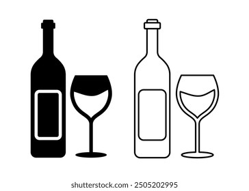 Wine bottle with glass black and white flat vector icon design with editable stroke. Wine bottle symbol