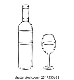 Botella de vino y vidrio blanco y negro simple dibujo de Vector. Boceto de tinta monocromática para diseños kosher Kidush y celebraciones de Purim, Séder de Pascua y cena de Shabat