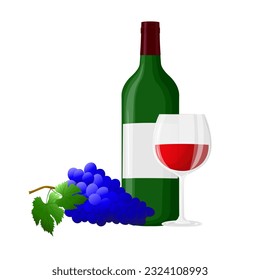 Wine  bottle, glass, branch of grape with leaves. For wine list, menu, flyer, party, alcohol drinks, celebration holidays. Vector illustration.