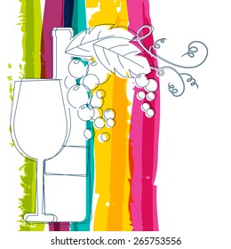 Wine bottle, glass, branch of grape with leaves and rainbow stripes watercolor background with place for text. Abstract vector background. Concept for wine list, menu, flyer, party, alcohol drinks.