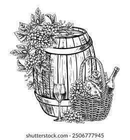 Wine. A bottle, a glass and a bunch of grapes next to a wooden barrel. Vintage hand-made engraving. Black and white vector illustration. The design element of the label, packaging, menu, banner.