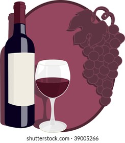 Wine bottle and glass with bunch of grapes