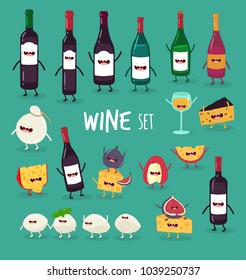 Wine bottle, wine glass, cheese, wine set. Funny food and drink. Use for cards, fridge magnets, stickers, posters.