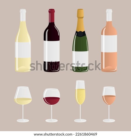 Wine bottle and glass collection: red, white, rose and champagne wine, drink stemware for celebration
