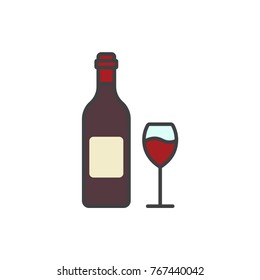 Wine bottle and glass colored line icon.