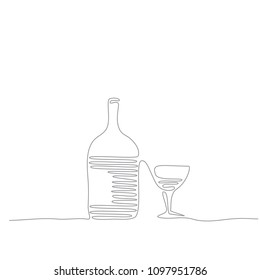 wine bottle and glass - continuous line drawing
 