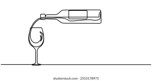 Wine Bottle and Wine Glass Continuous Line Icon, A bottle of wine and a wine glass are drawn with one continuous line. An illustration with a transparent background shows a bottle and glass.