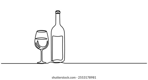 Garrafa de vinho e copo de vinho Ícone de linha contínua, Uma garrafa de vinho e um copo de vinho são desenhados com uma linha contínua. Uma ilustração com um fundo transparente mostra uma garrafa e um vidro.