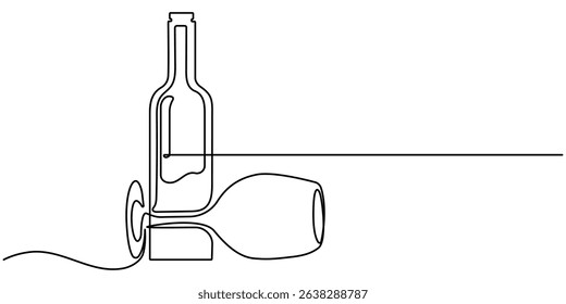 Wine Bottle and Wine Glass Continuous Line Icon. Minimalist linear sketch of alcohol drink in glass and bottle. one line drawing continuous minimalist vector illustration. Editable stroke.