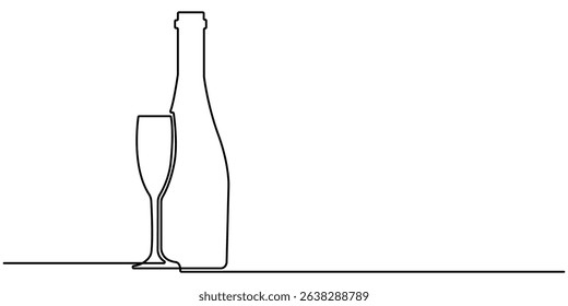 Wine Bottle and Wine Glass Continuous Line Icon. Minimalist linear sketch of alcohol drink in glass and bottle. one line drawing continuous minimalist vector illustration. Editable stroke.