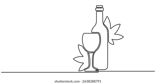 Wine Bottle and Wine Glass Continuous Line Icon. Minimalist linear sketch of alcohol drink in glass and bottle. one line drawing continuous minimalist vector illustration. Editable stroke.