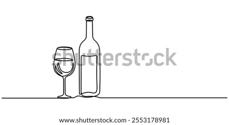 Wine Bottle and Wine Glass Continuous Line Icon, A bottle of wine and a wine glass are drawn with one continuous line. An illustration with a transparent background shows a bottle and glass.