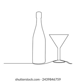 
wine bottle and glass continuous one line art drawing minimalist design vector and illustration