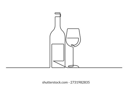 Garrafa de vinho e copo de vinho Desenho contínuo de uma linha. Conceito de vinho em estilo minimalista de uma linha para casamento, festa, menu, café, projeto de aniversário. Ilustração de vetor. Não é IA
