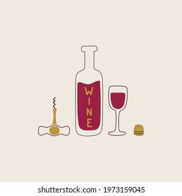 Wine bottle, glass, corkscrew and cork isolated on pastel background. Side view. Hand drawn modern vector design element for label and poster, card design