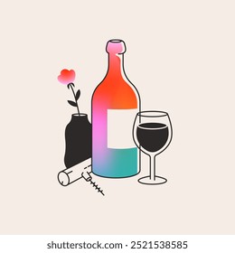 Botella de vino con un vaso y sacacorchos. Cena, cita romántica, concepto de cata de vinos. Ilustración de alcohol, bebida para menú de bar, bodega. Diseño degradado. Vector plano mínimo aislado