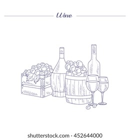 Wine Bottle, Glass And Crate Of Grapes Hand Drawn Realistic Detailed Sketch In Beautiful Classy Style On White Background