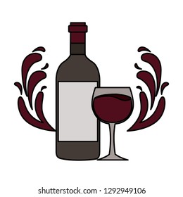 wine bottle glass cup splashes vector illustration