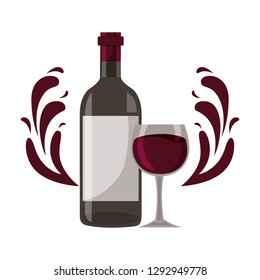 wine bottle glass cup splashes vector illustration