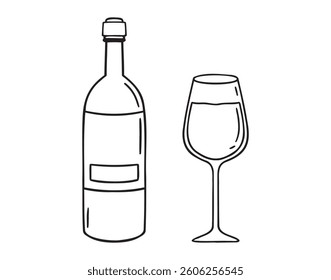 Wine bottle and wine glass doodle hand drawn icon. Outline drawing wine bottle and wine glass line clipart symbol. Vector illustration