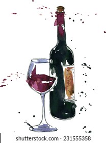 wine bottle and glass, drawing by watercolor and ink, hand drawn vector illustration