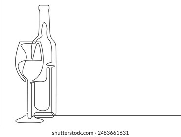 Botella de vino y dibujo de copa de vino con una línea continua. Una línea continua de una botella y una copa de vino. Ilustración vectorial.