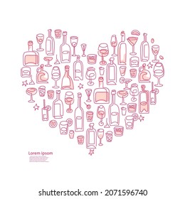 Wine, bottle, glass and drinks shaped in heart vector illustration. Drinks and wine vector template for wine lovers