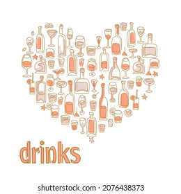 Wine, bottle, glass and drinks shaped in heart vector illustration. Drinks and wine vector template for wine lovers