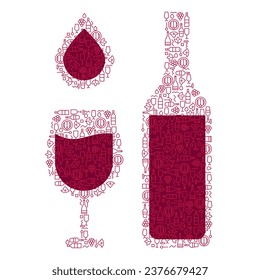 Wine bottle with wine glass and drop in creative modern minimal style isolated on white background. Set silhouette elegant objects from small simple line elements. Abstract flat vector illustration.