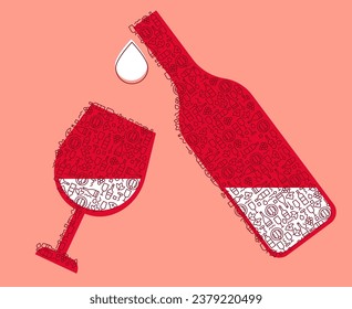 Wine bottle with wine glass and drop in creative modern minimal style isolated on color background. Set silhouette elegant objects from small simple line elements. Abstract flat vector illustration.