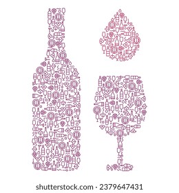 Wine bottle with wine glass and drop in creative modern minimal style isolated on white background. Set silhouette elegant objects from small simple line elements. Abstract flat vector illustration.