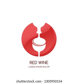 Wine bottle and glass. Emblem or logo concept. Vector circle negative space icon. Bar or winery label design template.