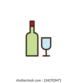 Wine bottle and glass filled outline icon, line vector sign, linear colorful pictogram isolated on white. Alcohol drink symbol, logo illustration. Pixel perfect vector graphics