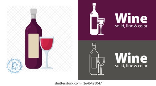 wine bottle with glass flat design. vector illustration.