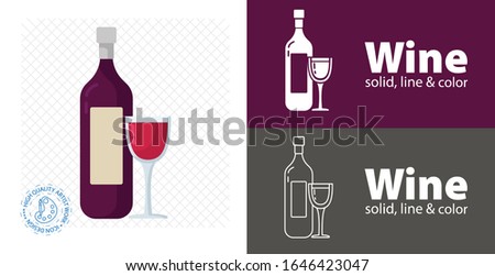 wine bottle with glass flat design. vector illustration.