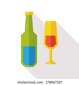 Wine Bottle with Glass flat icon with long shadow