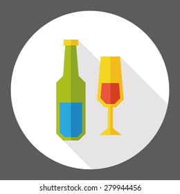 Wine Bottle with Glass flat icon with long shadow