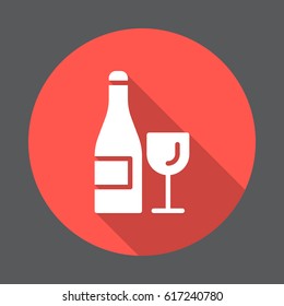 Wine bottle and glass flat icon. Round colorful button, circular vector sign with long shadow effect. Flat style design
