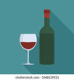 Wine bottle & glass flat long shadow design icon.