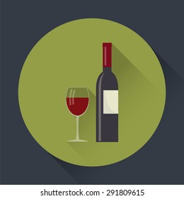 Wine bottle and  glass flat round icon with long shadows.