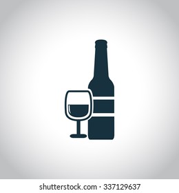 Wine bottle with glass. Flat single black  icon on white background. 