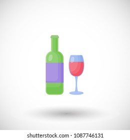 Wine bottle and glass flat vector icon, Flat design of alcohol beverage, grape product or bar object on the white background, cute vector illustration with reflections