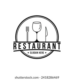 Wine bottle glass fork and knife for dining restaurant logo design vintage retro label