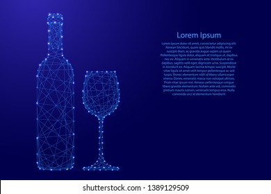 Wine bottle and glass from futuristic polygonal blue lines and glowing stars for banner, poster, greeting card. Vector illustration.