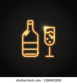Wine bottle and glass glowing neon icon