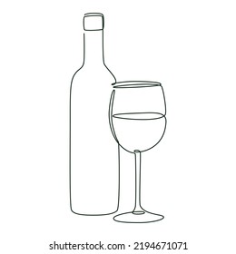 Wine bottle and glass goblet, vector isolated line art illustration with endless line.