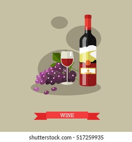 Wine bottle, glass of wine and grape. Alcoholic drinks concept vector illustration in flat style