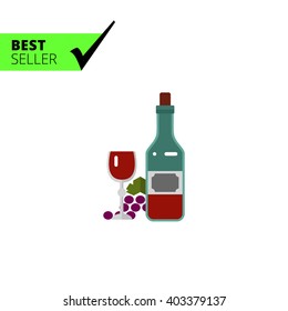 Wine bottle, glass and grape bunch