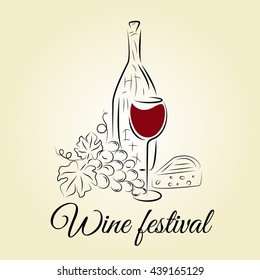 Wine bottle, wine glass, grape and cheese. Wine festival template. Hand drawn concept for winery, wine list, wine festival, wine tasting, menu and poster design. Vector illustration on beige.